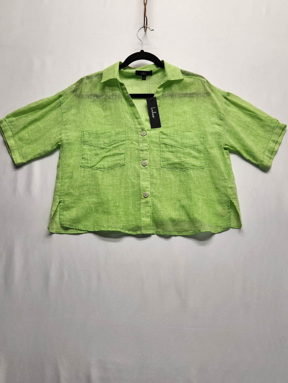 ⭐️NWT Lulus Staying Breezy Lime Green Linen Rayon Cropped Button Up Shirt Small